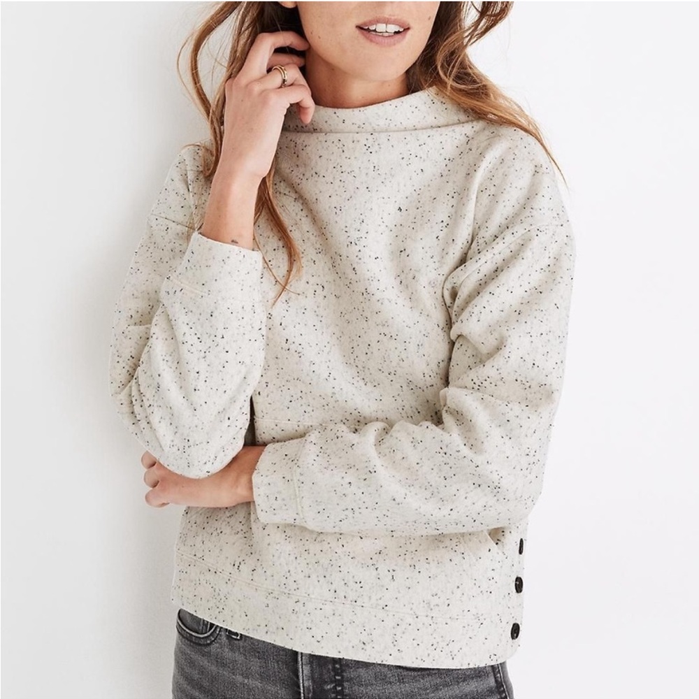 Madewell White Speckled Donegal Mockneck Side Button Sweatshirt Antique Cream XS